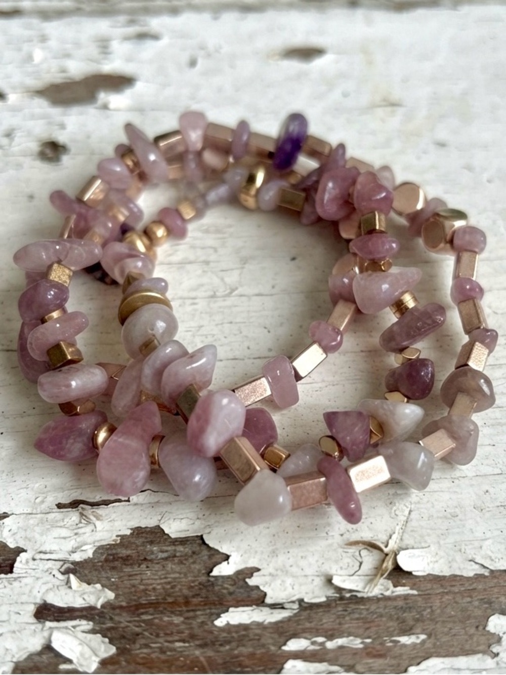 Rose Quartz Chip & Gold Bead Triple Wrap Stretchy Bracelet
